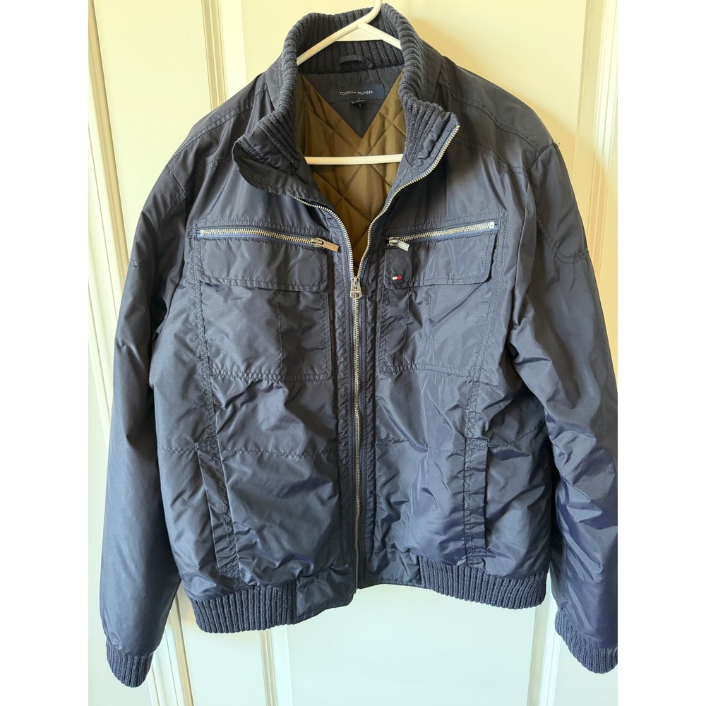Tommy Hilfiger Mens Navy Blue Bomber Jacket Quilted Lined Full Zip Utility Large